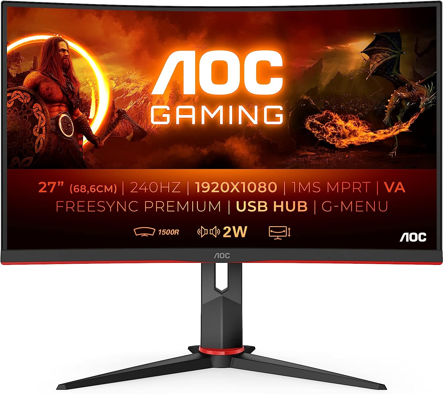 AOC Écran gaming incurvé C27G2ZU 68 cm (27 pouces) (FHD, HDMI, DisplayPort, hub USB, FreeSync, temps de réponse 0,5 ms (MPRT), 240 Hz, 1920 x 1080) noir/rouge Fiche Technique et Prix au Maroc