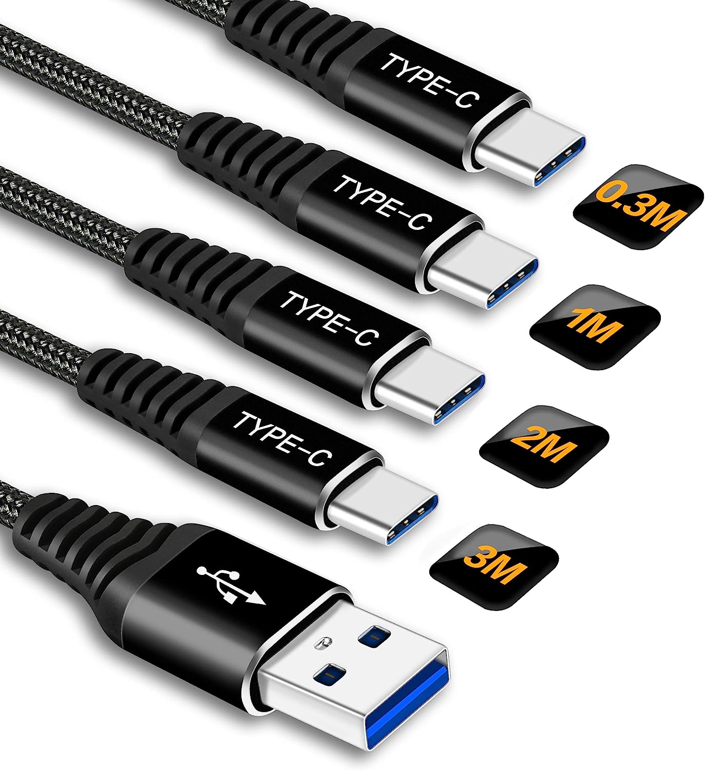 Câble USB C Charge Rapide[0.3M+1M+2M+3M/Lot de 4],Cable Chargeur USB Type C pour Samsung Galaxy Note 10 9 8 A70 A50 A40,S10 S9 S8 S20 S21 5G 21,Huawei,Sony,LG,Xiaomi,Cordon USB C Nylon Tressé - Noir Fiche Technique et Prix au Maroc