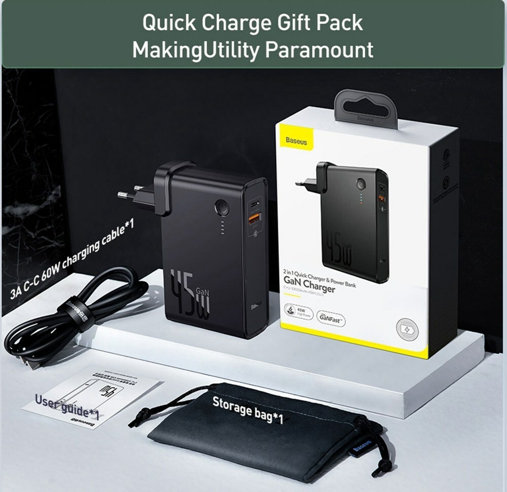 Baseus GaN 2 In 1 45W USB-C Wall Charger PD Fast Charging  + Power Bank 10000mAh Battery PD3.0 QC3.0 Power Delivery Quick Charge Power Supply For iPhone 11 SE 2020 For iPad Pro 2020 Xiaomi 10 Huawei P40 Pro Eu Port - Black