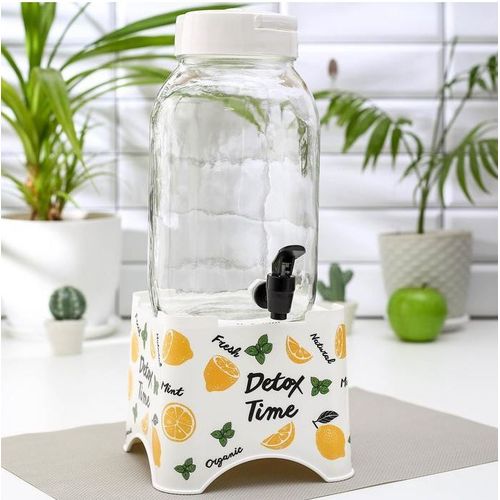 Herevin Distributeur de Boissons // Bouteille 3Lt en Verre avec robinet + support avec motif élégant
 Fiche Technique et Prix au Maroc