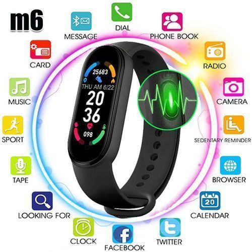 M6 Sports Smart Bracelet, Type:Linear Charging-Black
 Fiche Technique et Prix au Maroc