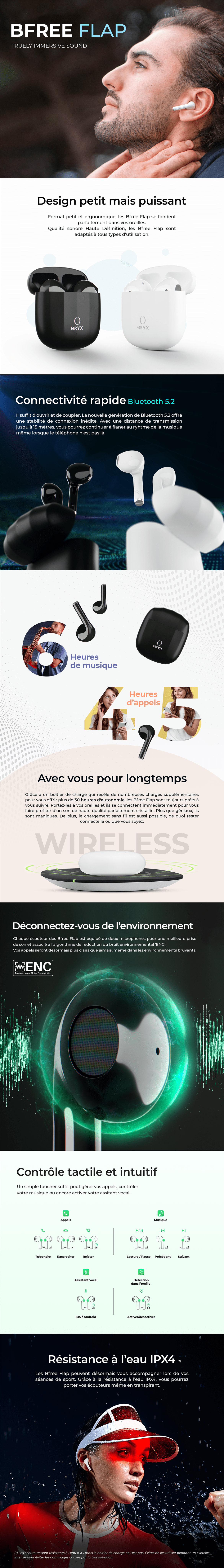 Ecouteurs sans fil, Bfree-flap Technologie ENC, chargement sans fil, 6h de musique