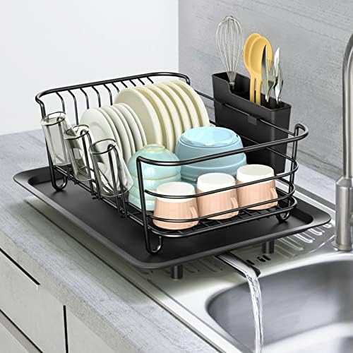 Klvied Dish Rack with Swivel Spout, Dish Drying Rack with Drainboard, Dish Drainers for Kitchen Counter, Dish Strainer with Removable Utensil Holder, Stainless Steel Dish Drainer in Sink, Black Avis, Fiche Technique et Prix au Maroc