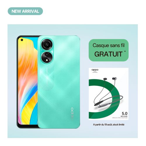 Oppo A78 - 8Go+ 256Go - 6,43" FHD+ 5000mAh - Aqua Green +  Casque Sans Fil
 Fiche Technique et Prix au Maroc
