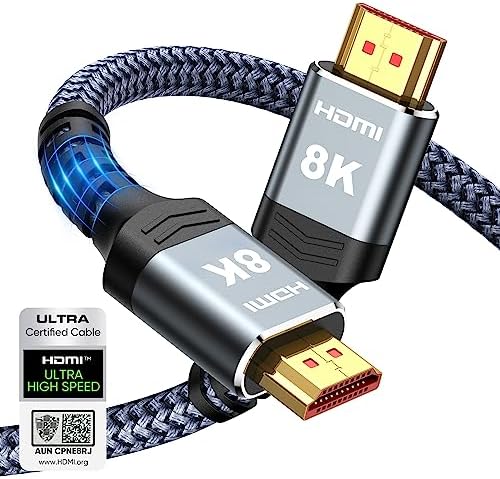Highwings Câble HDMI 2.1 8K 10K 48 Gbit/s 6,6 pieds/2 m, cordon tressé HDMI haute vitesse certifié 4K à 120 Hz 8K à 60 Hz, DTS : X, HDCP 2.2 et 2.3, HDR 10 compatible avec Roku TV/PS5/HDTV/Blu-ray
 Fiche Technique et Prix au Maroc
