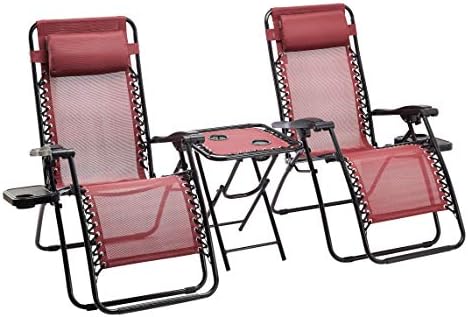 Amazon Basics Outdoor Textilene Adjustable Zero Gravity Folding Reclining 3-Piece Lounge Chair Set with Side Table, Pack of 2, Red Fiche Technique et Prix au Maroc