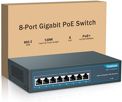 YuanLey 8 Port Gigabit PoE Switch, 8 PoE+ Port 1000Mbps, 120W 802.3af/at, Étendre la Fonction, Metal Fanless Unmanaged Avis, Fiche Technique et Prix au Maroc