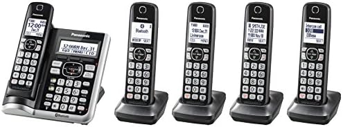 Système téléphonique sans fil Bluetooth Panasonic Link2Cell avec assistant vocal, bloc d'appels et répondeur, téléphone domestique extensible avec 5 combinés - KX-TGF575S (noir avec garniture argentée)
 Fiche Technique et Prix au Maroc
