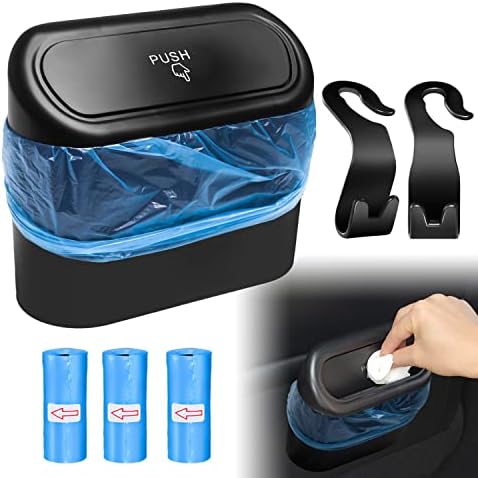 Fiteber Poubelle de Voiture, Mini-Poubelle de Voiture avec Couvercle, Boîte de Rangement de Voiture Portable avec 45 Sacs à Déchets et 2 Crochets pour Appuie-tête de Voiture (Noir) Fiche Technique et Prix au Maroc