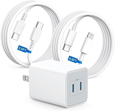 【2023 Nouveau】 Chargeur mural USB-C 40 W, [MFI Certified] Adaptateur de prise de bloc de charge rapide USB Type C double port 20W PD 3.0 avec câble de charge de 2X6FT pour iPhone 14 13 12 11 Pro Max, iPad Pro, Samsung Galaxy
 Fiche Technique et Prix au Maroc