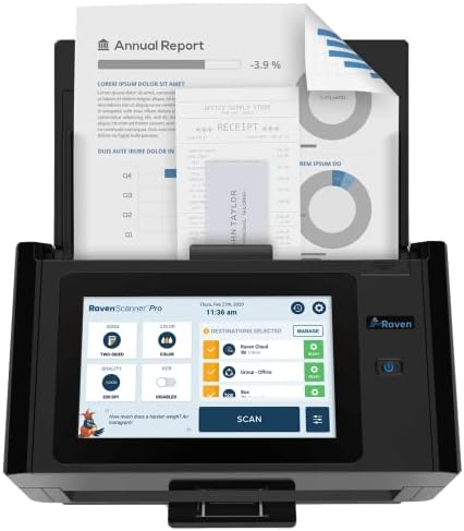 Raven Pro Document Scanner - Huge Touchscreen, High Speed Color Duplex Feeder (ADF), Wireless Scan to Cloud, WiFi, Ethernet, USB, Home or Office Desktop Fiche Technique et Prix au Maroc