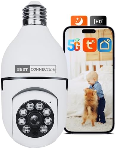 Best Connecte Caméra Ampoule WiFi 360 E27 TUYA HD 5GHz 3MP Sans fil - Surveillance Vision Nocturne, Audio Bidirectionnel, Stockage Crypté 128Go, Intérieure et Extérieure, Bébé/Animaux, Alexa et Google Avis, Fiche Technique et Prix au Maroc