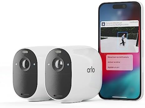 Arlo Essential Camera Surveillance WiFi Exterieure sans Fil, 1080p HD, 130° Vision Nocturne, Sirène, Détection Mouvement, Audio Bidirectionnel, Inclus 90 JRS Secure, Pack De 2 Caméras, Blanc Fiche Technique et Prix au Maroc