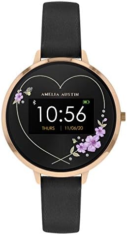 Amelia Austin - SmartWatch/Montre Connectée Rose Gold, Motif Floral Violet, Bracelet en Cuir Noir, Compatible avec iPhone/Android, Modèle Camellia Heather Fiche Technique et Prix au Maroc