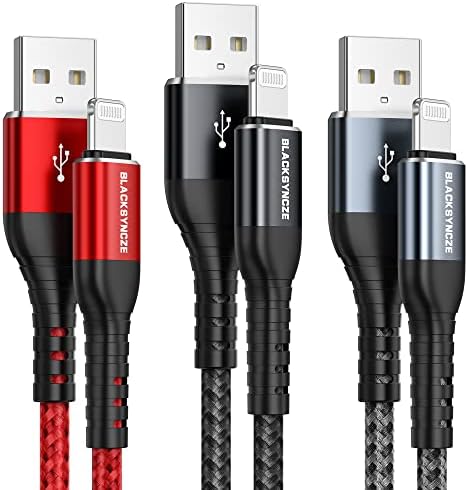 BLACKSYNCZE Câble iPhone Chargeur iPhone, [2M/Lot de 3] Certifié MFi Câble iPhone Nylon Câble Chargeur iPhone Fil Charge Rapide pour iPhone 11 12 13 Pro Max Mini XR XS X 8 7 6 Plus 6s 6 SE 5 5s 5c Fiche Technique et Prix au Maroc