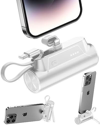 Portable-Charger-Power-Bank - 8000mAh Small Portable Phone Charger 5V3.1A Fast Charger Built-in Type-C Cable and Phone Holder Cute Battery Pack for iPhone and Android Phone(White) Fiche Technique et Prix au Maroc