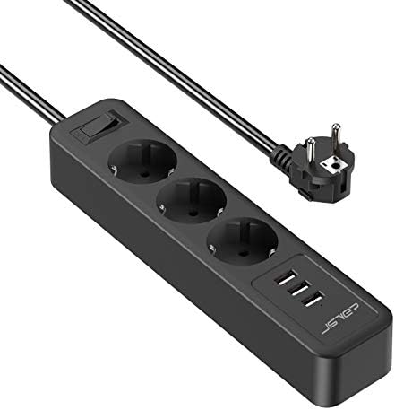 JSVER Multiprise Parasurtenseurs USB 3 Prises avec 3 Ports USB Chargeur de Voyage (5V2,4A) Multiprises(3680W 16A) parafoudre et surtension avec Cable 2m pour Smartphone, Maison, Bureau-Noir Avis, Fiche Technique et Prix au Maroc