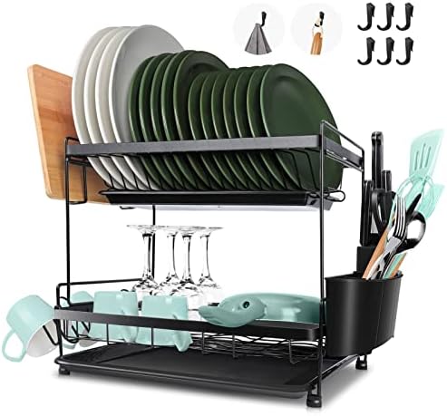 Zvonema Large Dish Drying Rack, 2-Tier Dish Racks for Kitchen Counter, Stainless Steel Dish Drainers with Drainboard & Removable Utensil Holder Cup Holder, Space Saving Dish Rack, Black Avis, Fiche Technique et Prix au Maroc