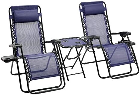 Amazon Basics Outdoor Textilene Adjustable Zero Gravity Folding Reclining 3-Piece Lounge Chair Set with Side Table, Blue, pack of 2Avis,  Fiche Technique et Prix au Maroc