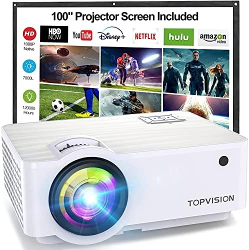 TOPVISION Retroprojecteur, 7000 Lumens Mini Projecteur Portable 1080P Natif Soutien 1080P Full HD avec 300” Display Compatible avec HDMI/USB/SD/AV/VGA, Blanc Fiche Technique et Prix au Maroc
