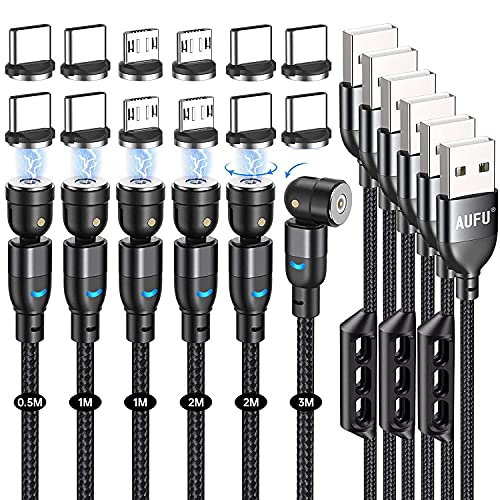 AUFU Câble USB Magnétique [6Pcs, 0.5 m + 1m + 1m + 2m + 2m + 3m] Chargeur Magnétique Rotation à 360 ​​° et 180 ° Chargeur Aimanté en Nylon avec Micro USB/Type C pour Smartphone - Noir Fiche Technique et Prix au Maroc