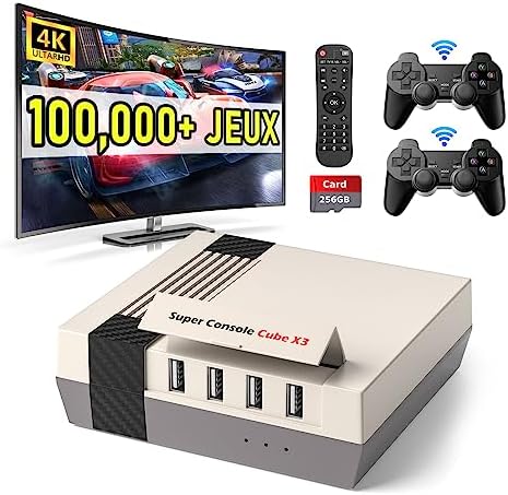 Kinhank Console de Jeux Rétro Arcade Console Portable Intégrant 100 000+ Rétro Gaming, Emuelec /CoreE 3 Systems, 4K, 2 Contrôleurs Sans Fil, Compatible 70+ émulateur.Cube x3 256GO Console Retrogaming. Fiche Technique et Prix au Maroc