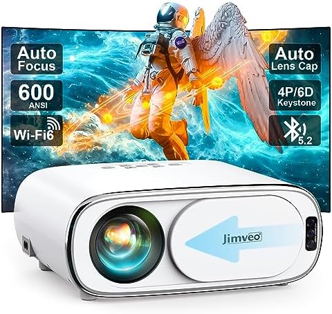 [Auto Focus+Auto Lens Cap] Projector with WiFi 6 and Bluetooth:Jimveo 600 ANSI Native 1080P Outdoor Movie Projector 4k Support,Auto 6D Keystone&50% Zoom,Portable Smart LED Video Projector for Phone/PC Fiche Technique et Prix au Maroc
