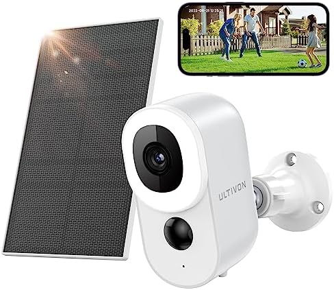 Ultivon 2K Caméra Surveillance WiFi Extérieure sans Fil, IP Caméra Solaire Batterie Extérieure/Intérieure, Détection Mouvement AI/PIR, Vision Nocturne, Audio Bidirectionnel, Étanche IP65 Fiche Technique et Prix au Maroc