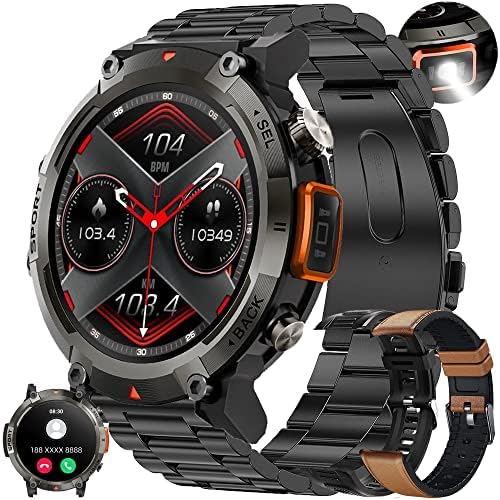 Montre Connectée Homme avec Appels Bluetooth, 1,45'' Smartwatch avec 100+ Modes Sportifs/Torche/SpO2/Lecteur de Musique/Fréquence Cardiaque/Sommeil/ SpO2 pour Android iOS Fiche Technique et Prix au Maroc