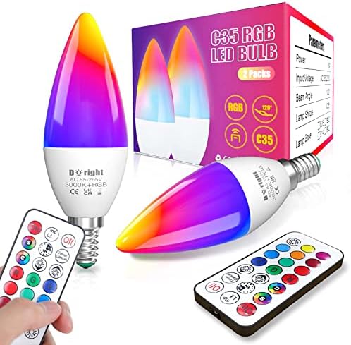 DoRight 3W E14 Ampoule bougie, C35 LED à changement de couleur avec télécommande, fonction mémoire, équivalent 40W, RVB + blanc chaud 3000K à intensité variable (2 pièces) Avis, Fiche Technique et Prix au Maroc