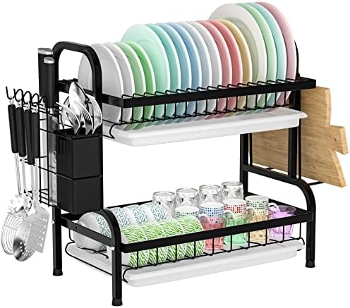 Astoryou Dish Drying Rack, 2 Tier Dish Racks for Kitchen Counter, Rust-Resistant Kitchen Drying Rack Dish Drainers with Drainboard,Utensil Holder and Cutting Board Holder, Black Avis, Fiche Technique et Prix au Maroc