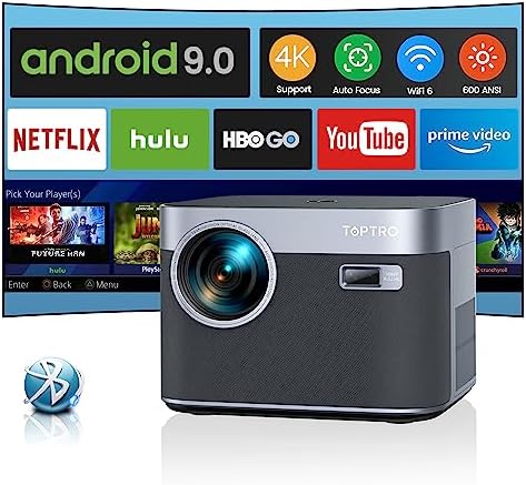 【Auto Focus/Keystone】 Vidéoprojecteur WiFi Bluetooth 16000 Lumens FHD 1080P, TOPTRO Vidéo Projecteur Supporté 4K avec Android 9.0 & Apps Intégré, Rétroprojecteur WiFi 6 Etièrement Sellé Home Cinéma Fiche Technique et Prix au Maroc