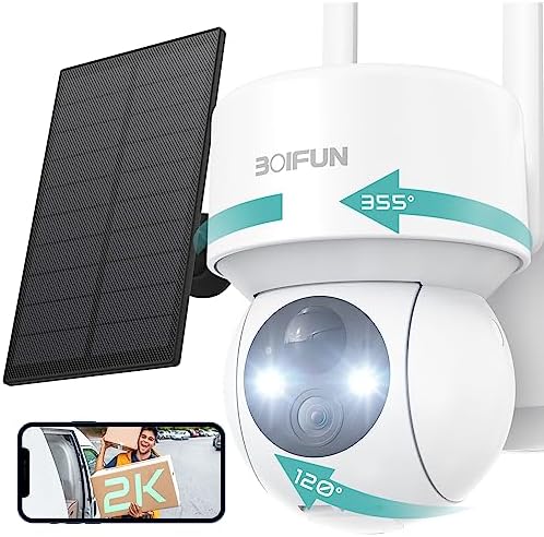 BOIFUN Camera Surveillance WiFi Exterieure sans Fil Batterie, 2K Camera Solaire avec 360° Rotation, Vision Nocturne Couleur, Détection Humaine PIR, Audio Bidirectionnel Sirène d'Alarme, Alexa Fiche Technique et Prix au Maroc