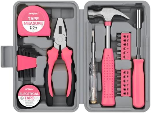 Hi-Spec 24Piece Tool Set General Household Hand Tool Kit with Plastic Toolbox Storage Case Pink for woman-Include all essentials,college,apartment,room… Avis, Fiche Technique et Prix au Maroc