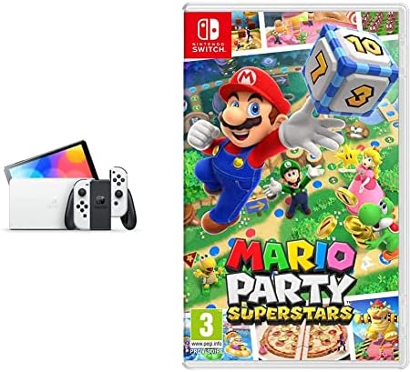 Console Nintendo Switch (Modèle OLED) avec Station d'Accueil/Manettes Joy-Con Blanches + Mario Party Superstars (Nintendo Switch) Avis, Fiche Technique et Prix au Maroc