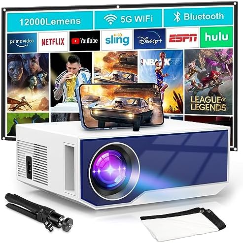 Projector with Wifi and Bluetooth, Native 1080P 12000Lumens 4K Mini Projector, Portable Projector Video Projector Compatible with Iphone Android Phone TV Stick (Tripod and Screen Included)Avis, Fiche Technique et Prix au Maroc