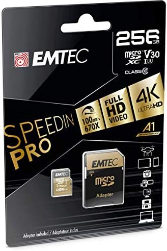 EMTEC - Carte microSD UHS-I U3 V30 A1 - 256 GB, 256 Go - ECMSDM256GXC10SP - Gamme Speedin - Avec adaptateur - Vitesse de lecture et écriture jusqu'à 100 MB/s, 100 Mo/s - Noir/Or Fiche Technique et Prix au Maroc