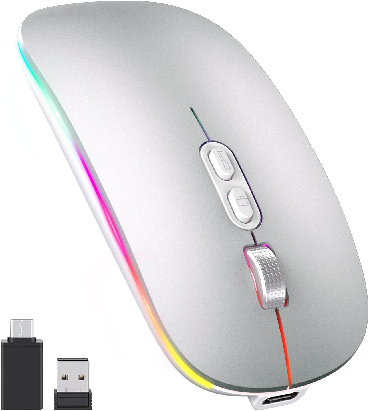 【Mise à niveau】 Souris sans fil LED, souris fine et silencieuse, souris de bureau optique portable 2,4 G avec récepteur USB et type-c, 3 niveaux DPI réglables pour ordinateur portable, PC, ordinateur portable, ordinateur, MacBook (argent mat)
 Fiche Technique et Prix au Maroc