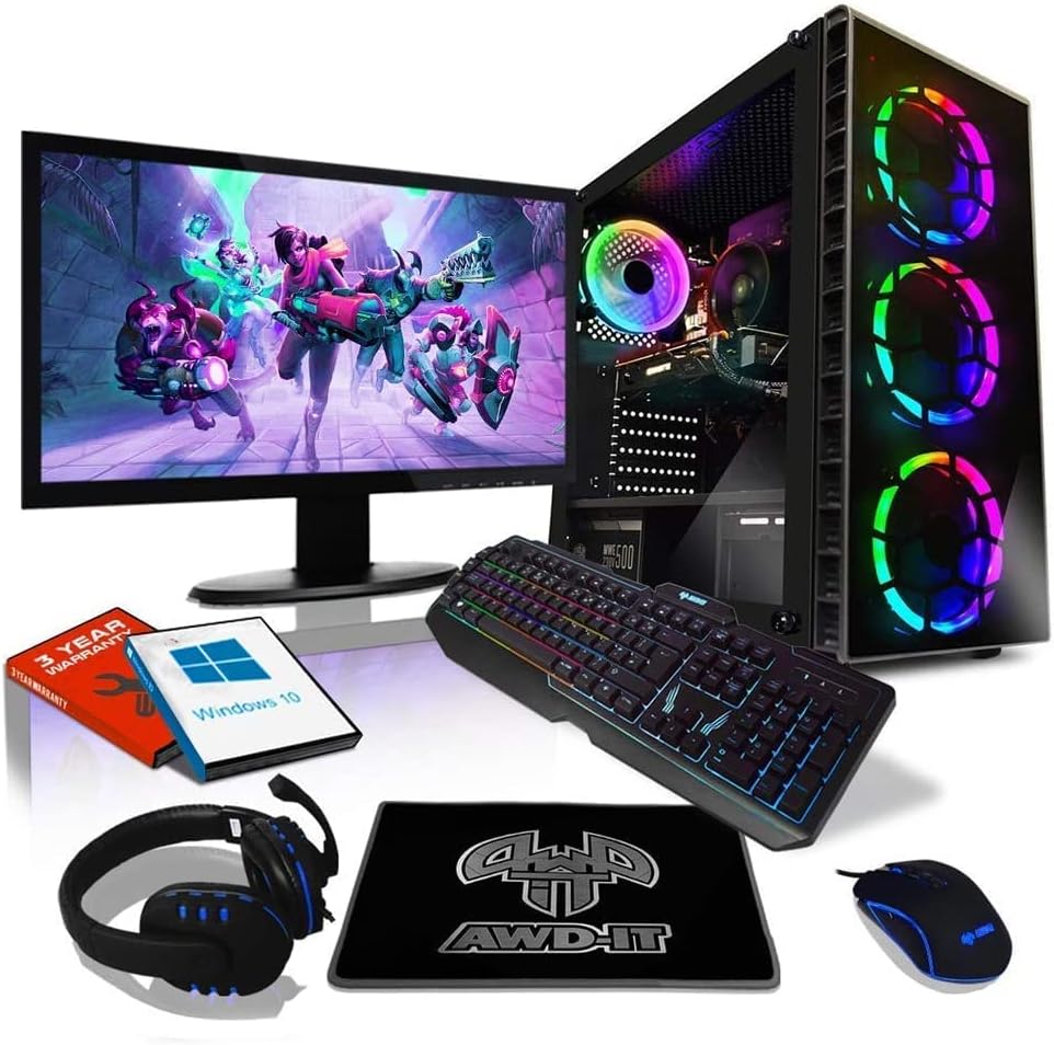 AWD-IT Ensemble Gaming PC - Processeur AMD Ryzen 4300G à 4 cœurs • Écran LED 22"• Clavier et Souris Gamer • 16 Go 3200MHz • 1 to • Étui à LED Bleue • WiFi • Windows 11 Fiche Technique et Prix au Maroc