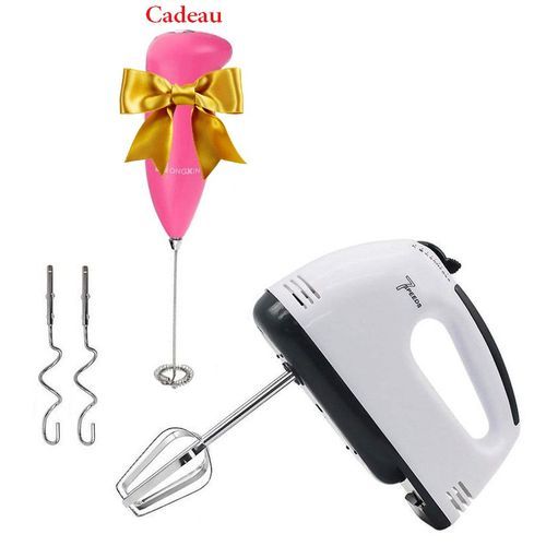 Batteur électrique 7 Vitesses à 2 Fouets & 2 Crochets + Batteur à main Cadeau
 Fiche Technique et Prix au Maroc