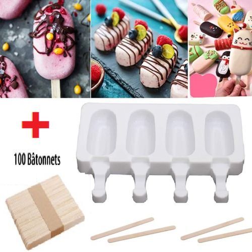 Moule de crème glacée en silicone 4 trous avec 100 bâtonnets à glace
 Fiche Technique et Prix au Maroc