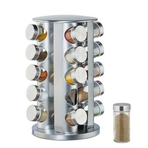 Porte à épices à 20 Pots en Verre, Présentoir à épices INOX, Rotatif 360°
 Fiche Technique et Prix au Maroc