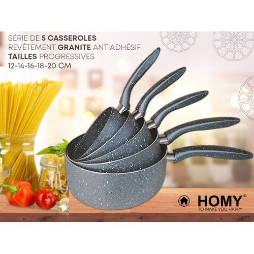 Homy Elégante Batterie de 5 Casseroles Top Granite Tailles Progressives Robuste Gris
 Fiche Technique et Prix au Maroc