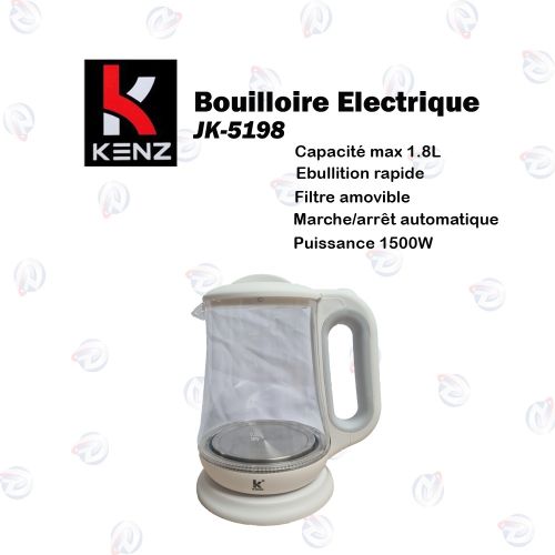 Kenz Bouilloire Electrique Corps 1.8L Puissante 1500W - JK-5198 - Blanc
 Fiche Technique et Prix au Maroc
