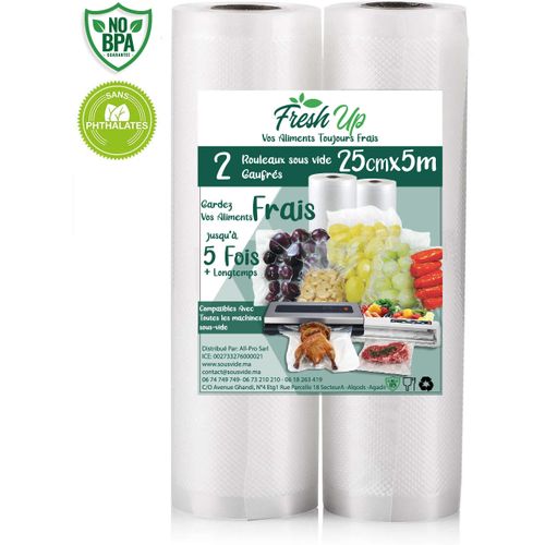 Fresh Up 2 Rouleaux plastique 25cmx5m gaufré pour appareils de soudure et sous vide
 Fiche Technique et Prix au Maroc