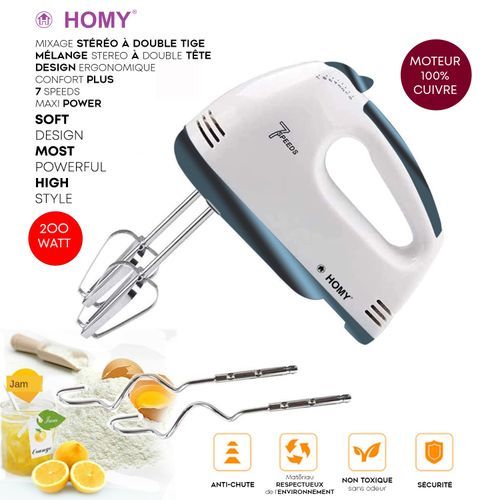 Homy Batteur Mixeur Mélangeur Stéréo Polyvalent Puissant Moteur Cuivre 7Vts - Fouets + Crochets à Pâte
 Fiche Technique et Prix au Maroc