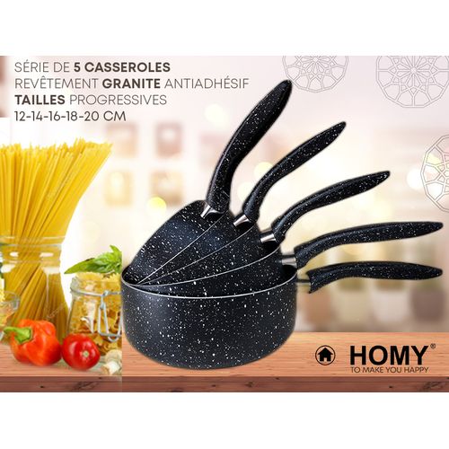 Homy Elégante Batterie de 5 Casseroles Top Granite Tailles Progressives Robuste Noir
 Fiche Technique et Prix au Maroc