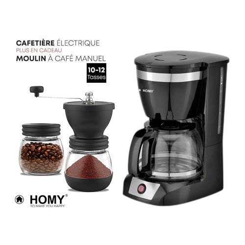 Homy Pack Bonus Cafetière Electrique au Filtre Permanent 10-12 Tasses + Moulin à Café Manuel
 Fiche Technique et Prix au Maroc