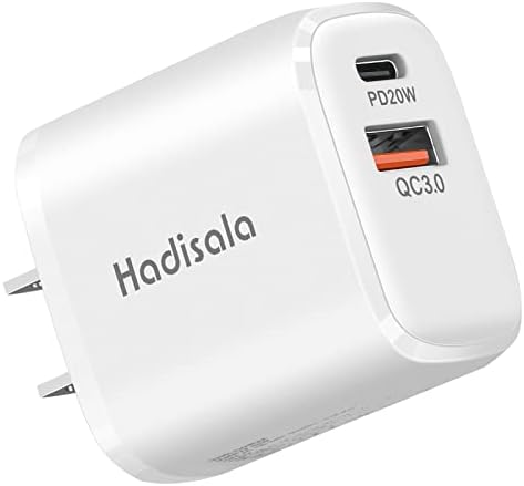 Chargeur rapide USB C, Hadisala 20 W double port PD USB C/QC 3.0, adaptateur d'alimentation de voyage portable, chargeur de téléphone portable compatible avec iPhone 14 Pro Max/Mini, iPad Pro, AirPods Pro, Galaxy et plus encore
 Fiche Technique et Prix au Maroc