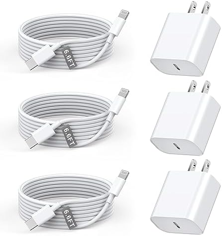 Chargeur iPhone 14 13 12 Charge rapide, chargeur iPhone,[Apple MFi Certified] Lot de 3 chargeurs muraux rapides 20W pour iPhone, avec câble de charge rapide type-c vers Lightning de 6,6 pieds, pour iPhone 14 13 12 11 Xs Xr X 8
 Fiche Technique et Prix au Maroc